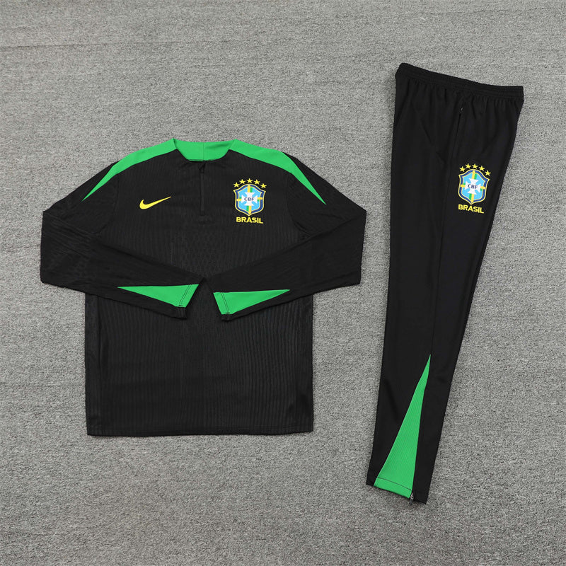 2025 Brazil Black and Green Half-Pull Tracksuit