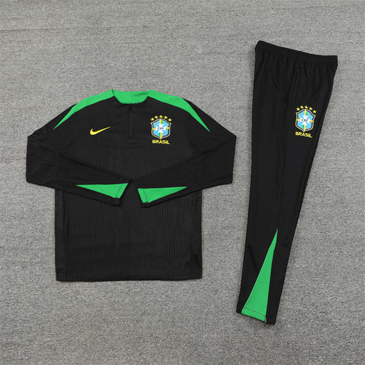 2025 Brazil Black and Green Half-Pull Tracksuit