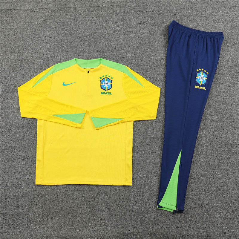 2025 Brazil Yellow and Dark Blue Half-Pull Tracksuit